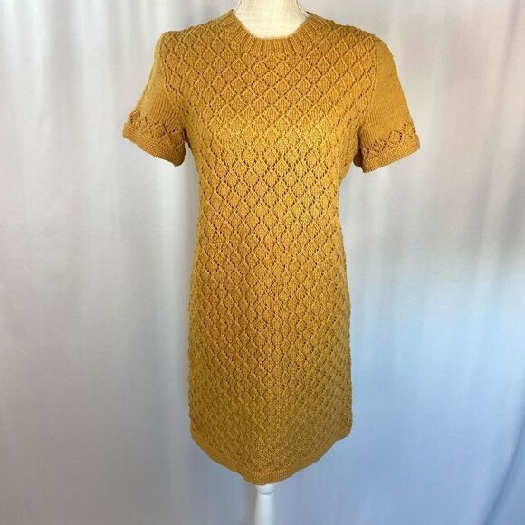 Original & Rare Mod Vintage 1960's Handmade Crocheted Knitted Mini Dress Yellow - Picture 1 of 12